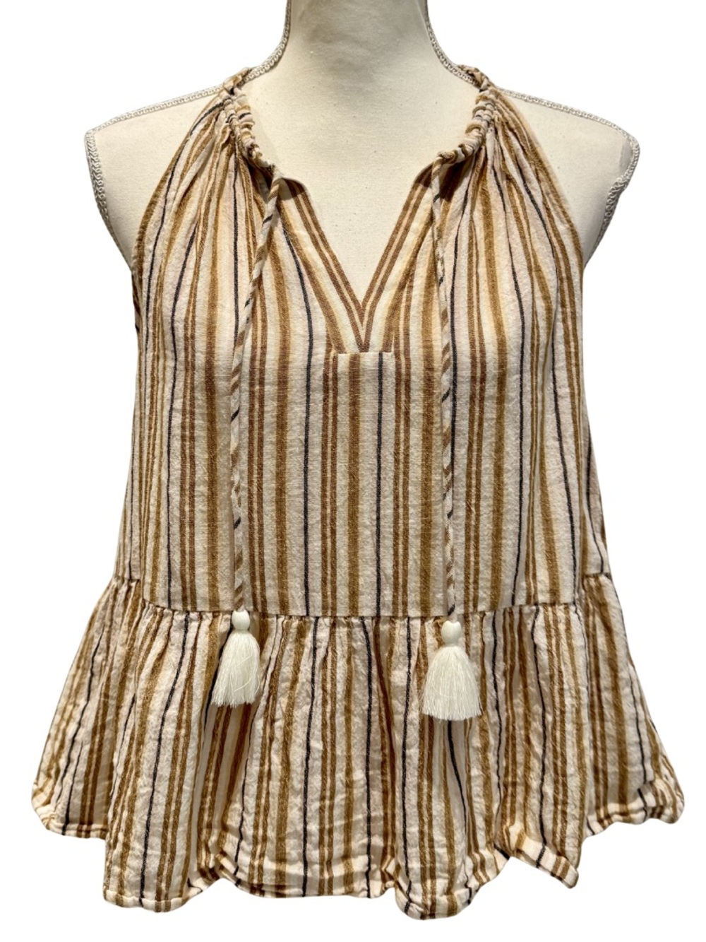 Lucky Brand Cream and Brown Striped Halter Tassel Ruffle Tank- 100% Cotton! (M)